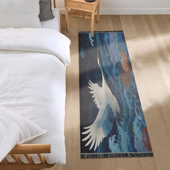 Bedroom Rug Bedroom Long Carpet Indoor Non-Slip Durable Carpet Floor Mat Runner Rug Bedroom Hallway Carpet Machine Washable White Crane Moonlight