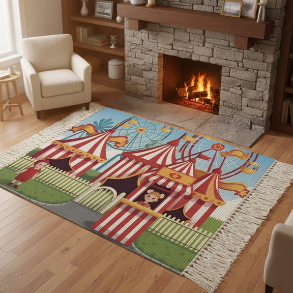 Bedroom Rug Carpet 3'x 5', Amusement Park Washable Floor Carpet with Tassels, Cute Cartoon Wheelwheels Circus Elegant Soft Floor Rug Mat for Patio, Balcony, Laundry, Room Decor