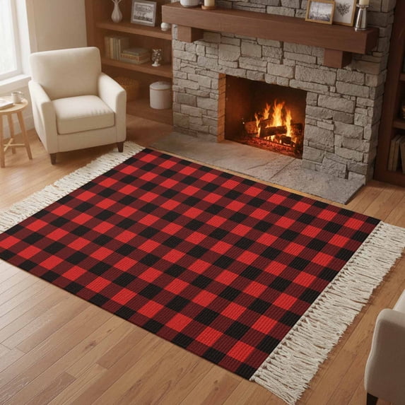 Bedroom Rug Carpet 3'x 5', Black Red Plaid Washable Floor Carpet with Tassels, Vintage Rustic Buffalo Checked Gingham Elegant Soft Floor Rug Mat for Patio, Balcony, Laundry, Room Decor