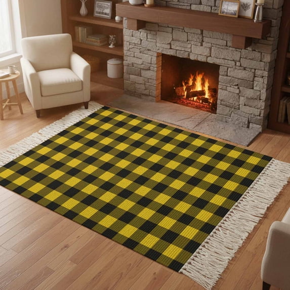 Bedroom Rug Carpet 3'x 5', Black Yellow Plaid Washable Floor Carpet with Tassels, Retro Country Buffalo Check Gingham Elegant Soft Floor Rug Mat for Patio, Balcony, Laundry, Room Decor