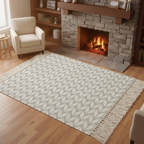Bedroom Rug Carpet 3'x 5', Boho Gray Washable Floor Carpet with Tassels, White Chevron Stripes Abstract Geometric Elegant Soft Floor Rug Mat for Patio, Balcony, Laundry, Room Decor