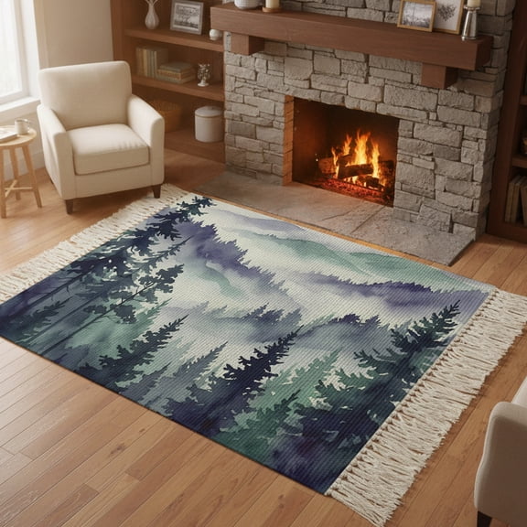 Bedroom Rug Carpet 3'x 5', Dark Purple Forest Washable Floor Carpet with Tassels, Watercolor Clouds Trees Mountain Elegant Soft Floor Rug Mat for Patio, Balcony, Laundry, Room Decor
