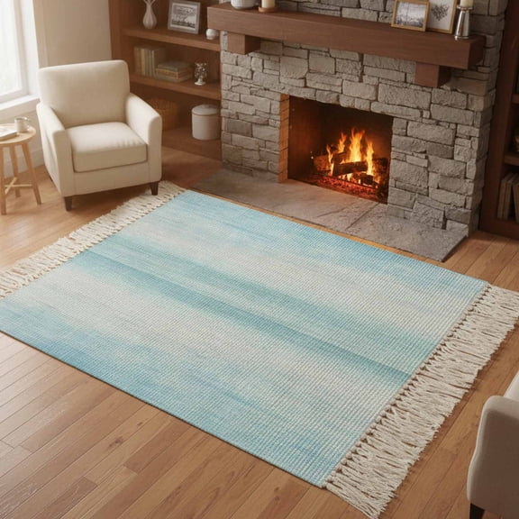 Bedroom Rug Carpet 3'x 5', Gradient Aqua Blue Washable Floor Carpet with Tassels, Modern Rustic Minimalist Pastel Solid Elegant Soft Floor Rug Mat for Patio, Balcony, Laundry, Room Decor