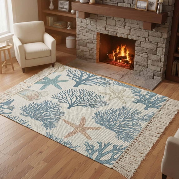 Bedroom Rug Carpet 3'x 5', Light Blue Coral Coastal Washable Floor ...