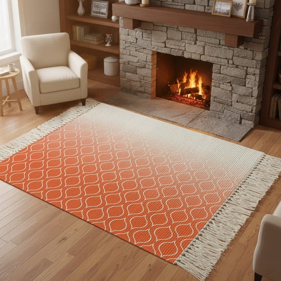 Bedroom Rug Carpet 3'x 5', Morocco Orange Washable Floor Carpet with Tassels, Modern Geometric Gradient Simple Elegant Soft Floor Rug Mat for Patio, Balcony, Laundry, Room Decor