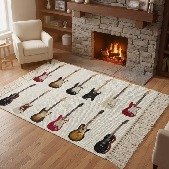 Bedroom Rug Carpet 3'x 5', Music Washable Floor Carpet with Tassels, Red Beige Guitar Modern Art Elegant Soft Floor Rug Mat for Patio, Balcony, Laundry, Room Decor