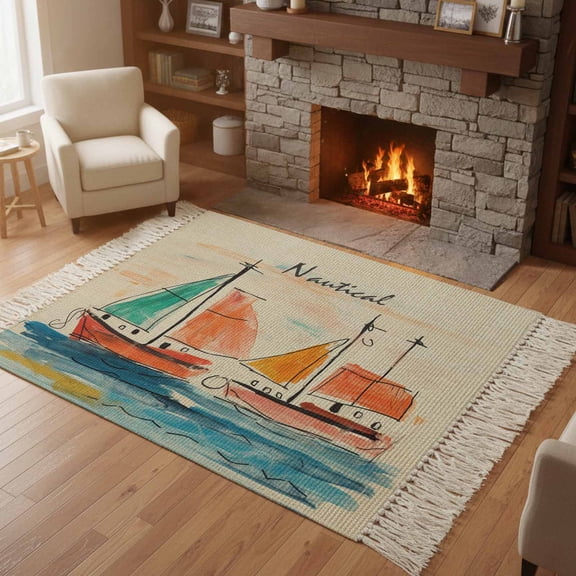 Bedroom Rug Carpet 3'x 5', Nautical Boat, Washable Floor Carpet with Tassels, Coastal Sailing Ship Ocean Painted Sea Elegant Soft Floor Rug Mat for Patio, Balcony, Laundry, Room Decor