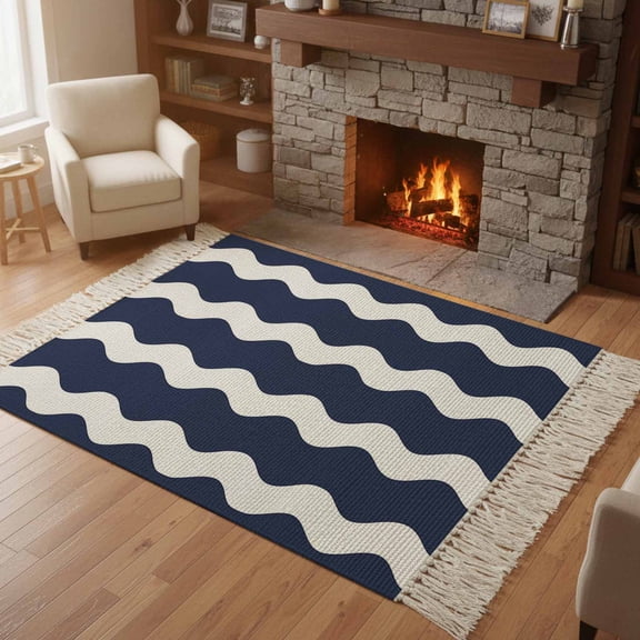 Bedroom Rug Carpet 3'x 5', Navy Ripple Washable Floor Carpet with Tassels, Simple Navy White Waves Aesthetics Elegant Soft Floor Rug Mat for Patio, Balcony, Laundry, Room Decor