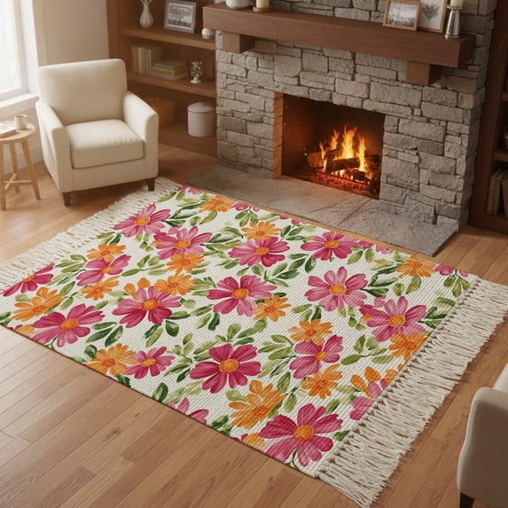 Bedroom Rug Carpet 3'x 5', Pink Orange Floral Washable Floor Carpet ...