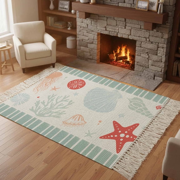 Bedroom Rug Carpet 3'x 5', Sage Green Red Coastal Washable Floor Carpet with Tassels, Ocean Nautical Starfish Coral Striped Elegant Soft Floor Rug Mat for Patio, Balcony, Laundry, Room Decor