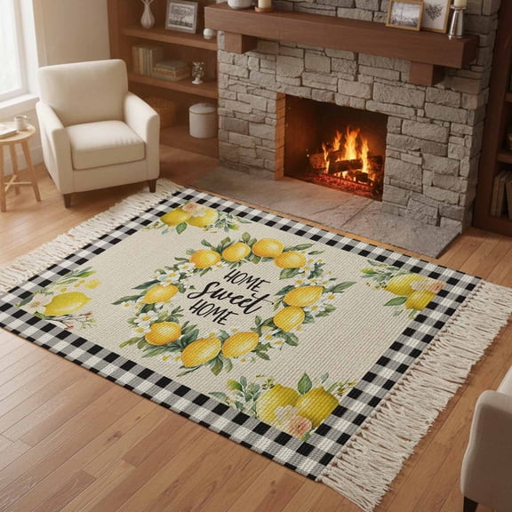 Bedroom Rug Carpet 3'x 5', Summer Lemon Washable Floor Carpet with Tassels, Farmhouse Black Check Plaid Vintage Elegant Soft Floor Rug Mat for Patio, Balcony, Laundry, Room Decor