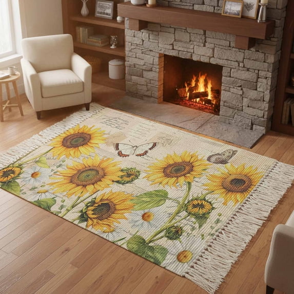Bedroom Rug Carpet 3'x 5', Sunflower Farmhouse Washable Floor Carpet with Tassels, Spring Summer Retro Floral Butterflies Elegant Soft Floor Rug Mat for Patio, Balcony, Laundry, Room Decor