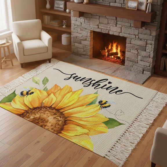 Bedroom Rug Carpet 3'x 5', Sunflowers Washable Floor Carpet with Tassels, Farmhouse Bees Vintage Sunshine Summer Elegant Soft Floor Rug Mat for Patio, Balcony, Laundry, Room Decor