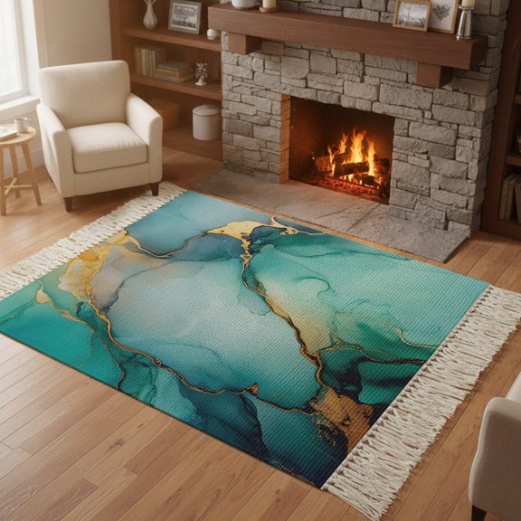 Bedroom Rug Carpet 3'x 5', Teal Ombre Washable Floor Carpet with Tassels, Modern Ink Painted Marble Abstract Elegant Soft Floor Rug Mat for Patio, Balcony, Laundry, Room Decor
