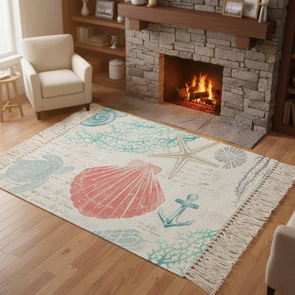 Bedroom Rug Carpet 3'x 5', Teal Red Coastal Nautical Washable Floor Carpet with Tassels, Beach Sea Turtle Ocean Coral Starfish Elegant Soft Floor Rug Mat for Patio, Balcony, Laundry, Room Decor