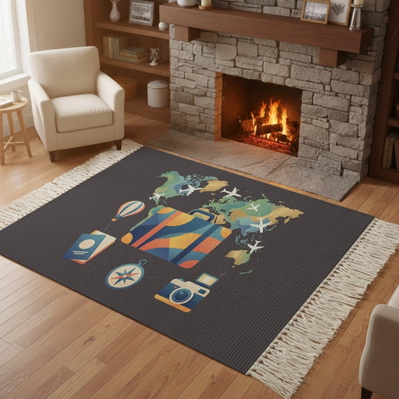 Bedroom Rug Carpet 3'x 5', Travel Adventure Washable Floor Carpet with Tassels, Abstract Art Maps Suitcase Hot Balloons Elegant Soft Floor Rug Mat for Patio, Balcony, Laundry, Room Decor