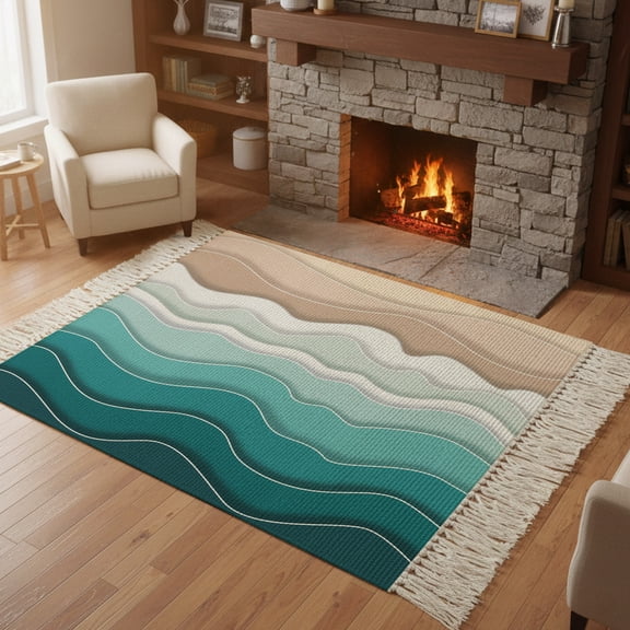 Bedroom Rug Carpet 3'x 5', Turquoise Ombre Stripe Washable Floor Carpet with Tassels, Abstract Summer Beach Coastal Elegant Soft Floor Rug Mat for Patio, Balcony, Laundry, Room Decor