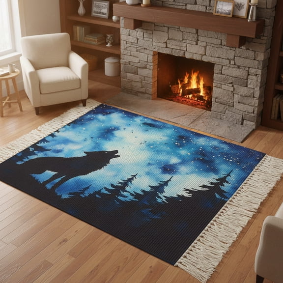 Bedroom Rug Carpet 3'x 5', Wolf Black Silhouette Washable Floor Carpet with Tassels, Forest Starry Night Elegant Soft Floor Rug Mat for Patio, Balcony, Laundry, Room Decor