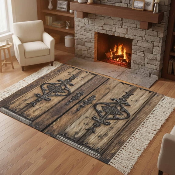 Bedroom Rug Carpet 3'x 5', Wooden Plank Washable Floor Carpet with Tassels, Rustic Farmhouse Brown Black Barn Door Elegant Soft Floor Rug Mat for Patio, Balcony, Laundry, Room Decor