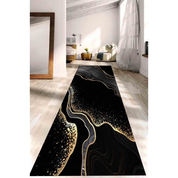 Bedroom Rugs, Gold Marble Rugs, Car Mat Rug, Modern Rugs, Thin Rug, Marble Rugs, Black and Gold Marble Rug, Decorative Rugs, Living Room Rug, 3.3'x9.2' - 100x280 cm