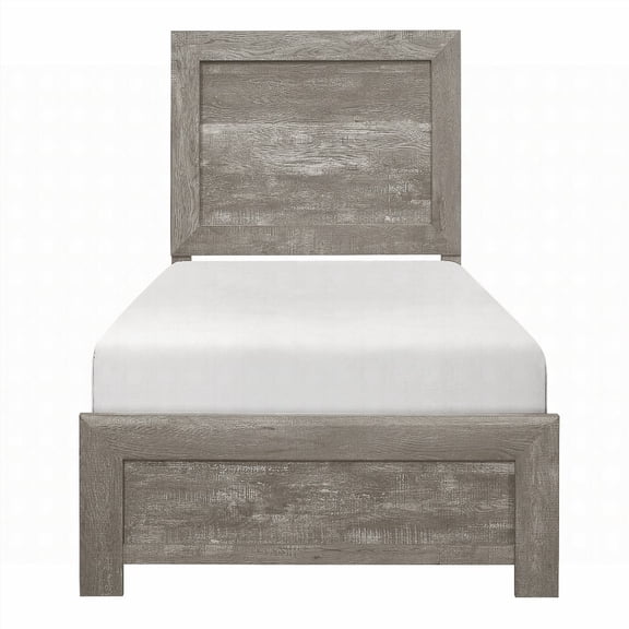 Twin Size wooden panel bed frame with gray finish, no box spring needed for master bedroom.