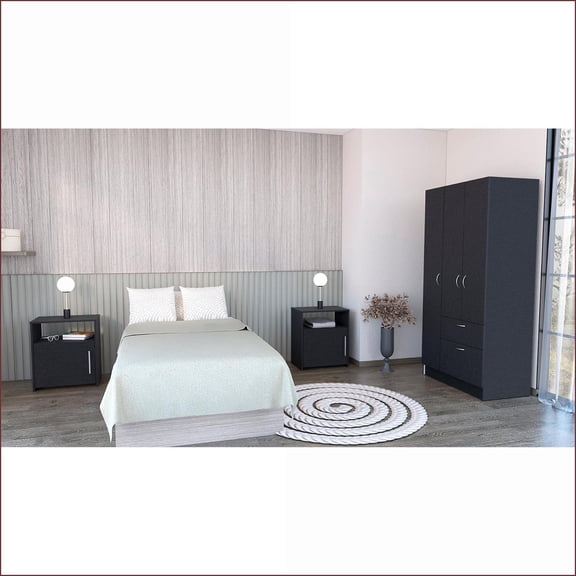 3-Piece Bedroom Set, Cartagena Armoire + 2 Omaha Nightstands | Black | Particle Board