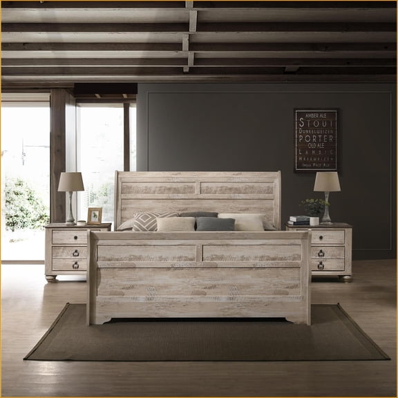 Bedroom Set, 3-Piece Queen Sleigh Bed with 2 Nightstands, White Wash Solid Wood Rustic | Wood | Sleigh Beds