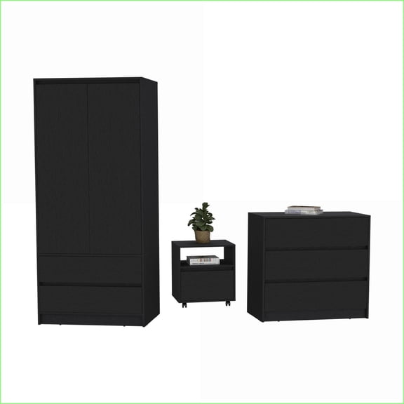 Bedroom Set 3-Piece with Nightstand, Dresser & Armoire, Black for Master/Guest Rooms | Engineered Wood | Combo Dressers