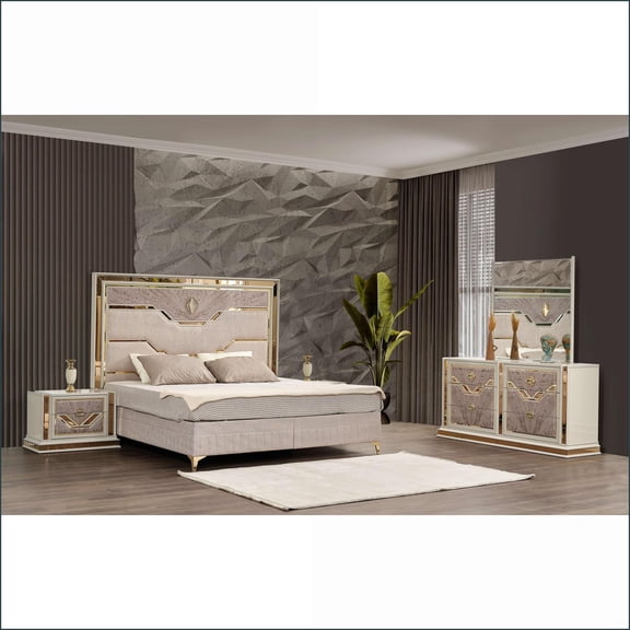 Bedroom Set, 4-Pc Queen Modern Beige with Hydraulic Storage & Gold Accents | Wood | Standard Beds