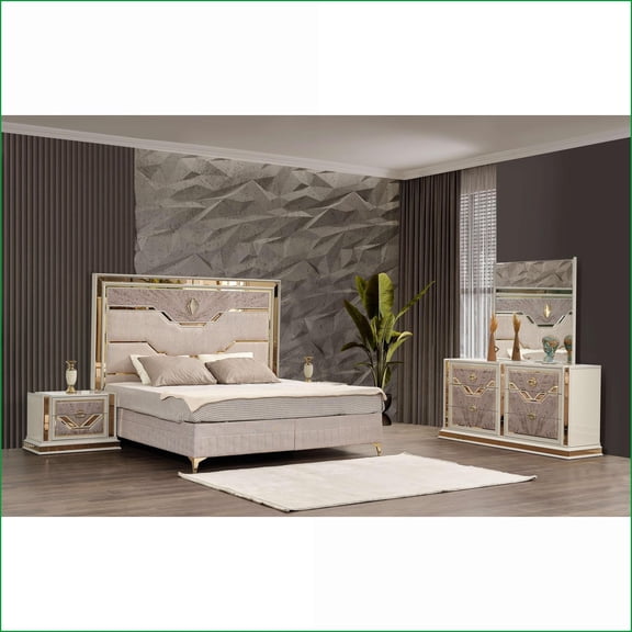 Bedroom Set 4 Pc Queen Modern Velvet with LED Lights Hydraulic Storage River Sand Grey | Wood | Standard Beds