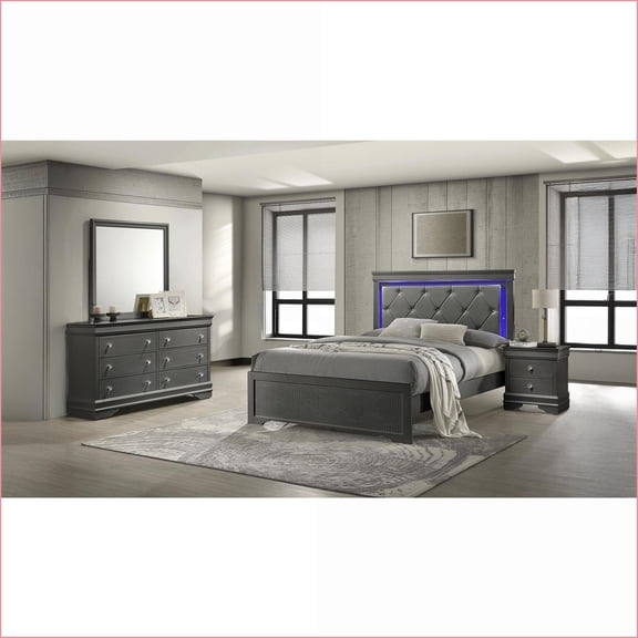 Bedroom Set, 4-Piece Full Modern Slate Gray Wood with LED Upholstered Headboard | Wood | Standard Beds