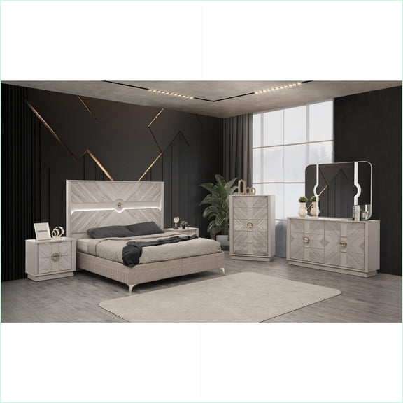 Bedroom Set 4-Piece Full Modern Upholstered LED Headboard Slate Gray Wood | Wood | Standard Beds