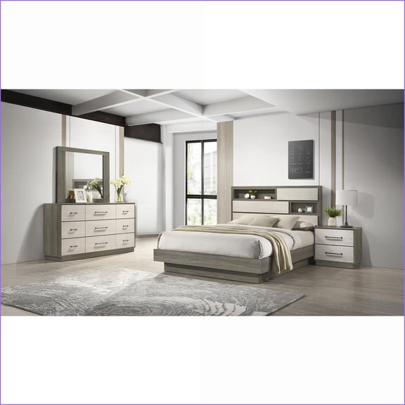 Bedroom Set 4-Piece Queen Modern Wood Two-Tone Beige Walnut with Storage USB for Modern Bedrooms | Wood | Double Dressers