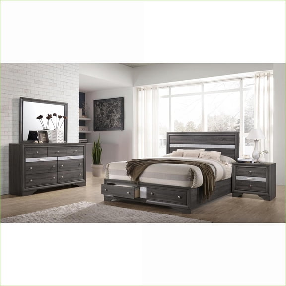 Bedroom Set 4-Piece Queen Traditional with Storage Engineered Wood | Slate Gray | Double Dressers