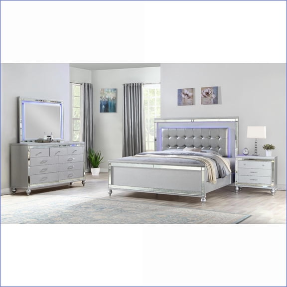 Bedroom Set, 4-Piece Queen with LED Lights, Matte Silver Glam Wood | Wood | Standard Beds