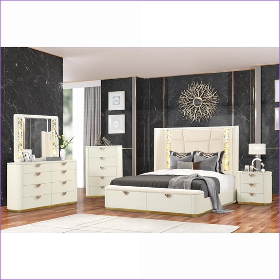 Bedroom Set, 5-Pc Queen Modern Beige Wood with Ambient Lighting & Storage | Standard Beds | Wood