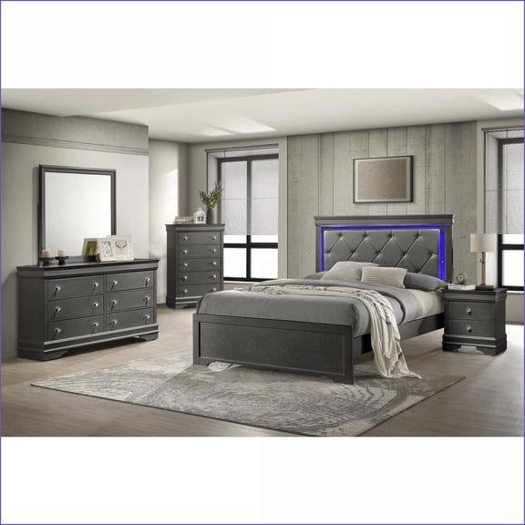 Bedroom Set, 5-Pc Queen Modern Upholstered LED Headboard Wood Charcoal Gray | Wood | Standard Beds