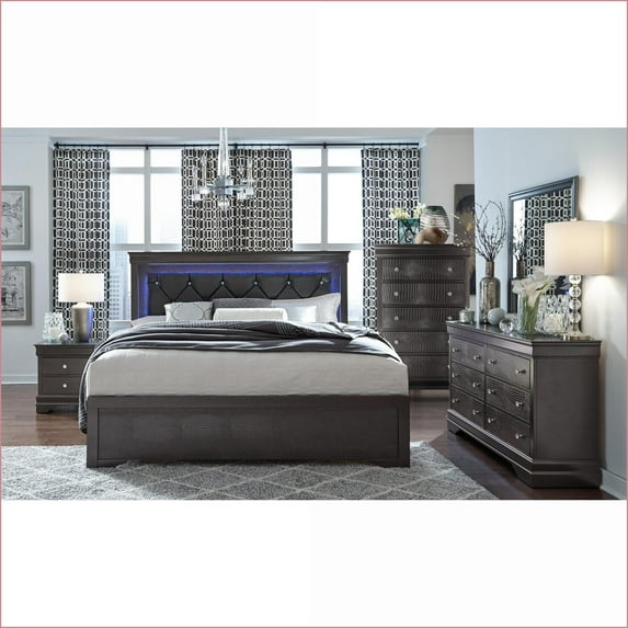 Bedroom Set, 5-Piece Full Size Slate Gray Shaker Style with LED Lighting & Crystal Tufted Headboard | Standard Beds | Double Dressers