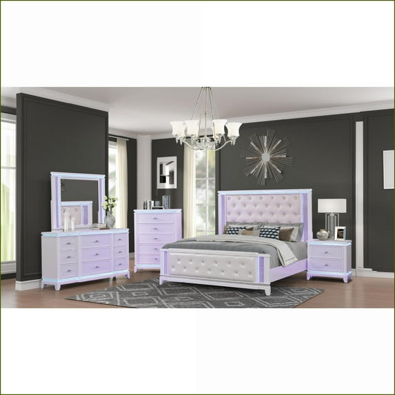 Bedroom Set, King 5-Piece Cream Contemporary Glam with LED Lights | White | Wood
