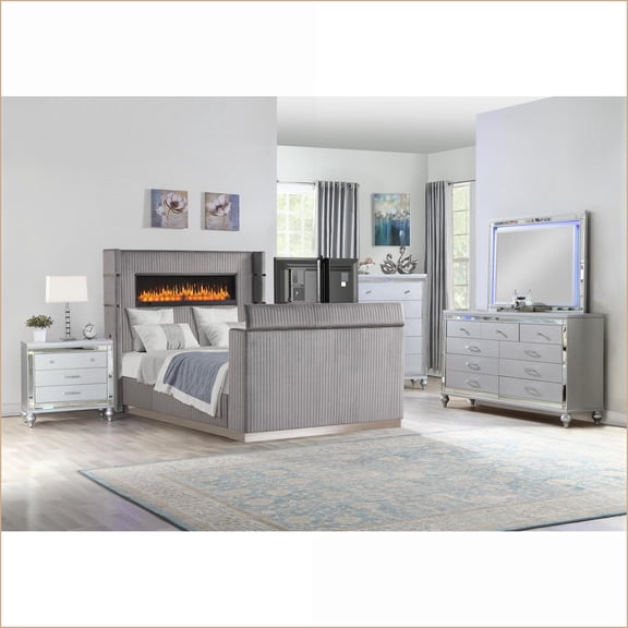 Bedroom Set 5-Piece King Modern with Fireplace Headboard & TV Footboard | Slate Gray Wood | Novelty Beds