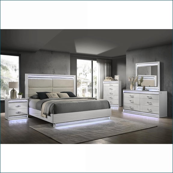 Bedroom Set, 5-Piece Queen Glam Modern with LED Lights for Master Bedrooms, Ivory Wood | Wood | Standard Beds