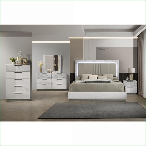 Bedroom Furniture Set, Queen 5-Piece with LED Lighting, Velvet-Lined Storage, Two-Tone White Marble & Lacquer | Standard Beds | Combo Dressers