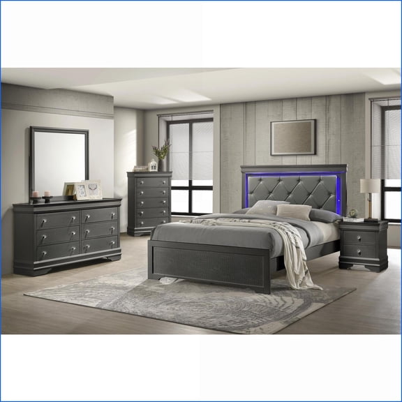 Bedroom Set, 5-Piece Twin Modern with Upholstered LED Headboard Wood Charcoal Gray | Wood | Standard Beds
