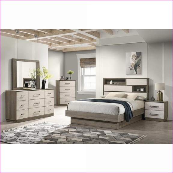 Bedroom Set 5PC King, Modern Wood with Storage & USB Ports, Tan Brown & Walnut Brown | Wood | Double Dressers