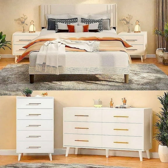 Bedroom Set - Lofka Full Bedroom Furniture Set Includes Full Size Bed Frame, Nightstands of Two, 5-Drawe Dresser and 6-Drawer Dresser, White, Modern Furniture for Warm Home Decor