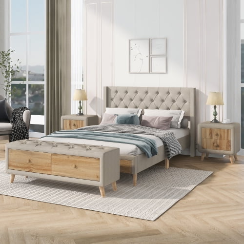  Full Size Bed Frame with Two Nightstands and Storage Bench,  Velvet Upholstered Platform Bed Frame Full with Channel Tufted Headboard, 4  Pieces Bedroom Set for Teens Adults, No Box Spring Needed