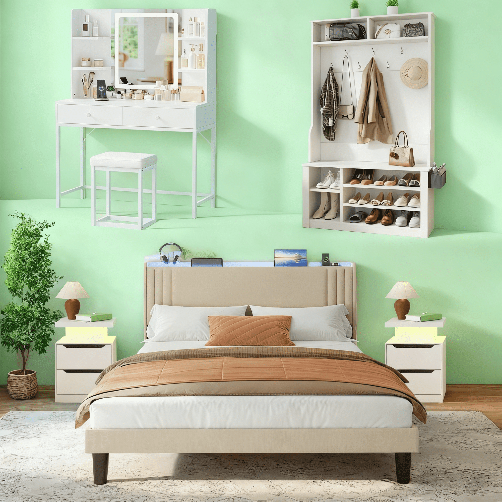Bedroom Set - Includes Beige Queen Bed Frame and White Nightstands with LED Lights, White Lighted Vanity and Hall Tree for Modern Home Furniture Decor