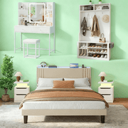 Bedroom Set - Includes Beige Queen Bed Frame and White Nightstands with LED Lights, White Lighted Vanity and Hall Tree for Modern Home Furniture Decor