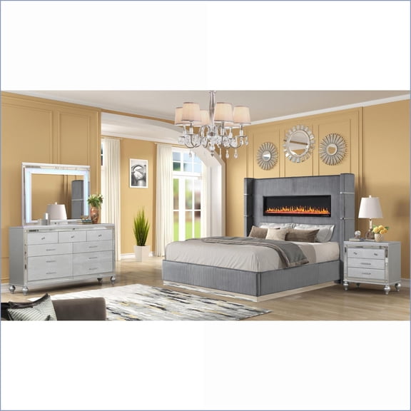 Bedroom Set King 4 PC Modern Gray Velvet with Ambient Fireplace, USB & Bluetooth | Novelty Beds | Wood