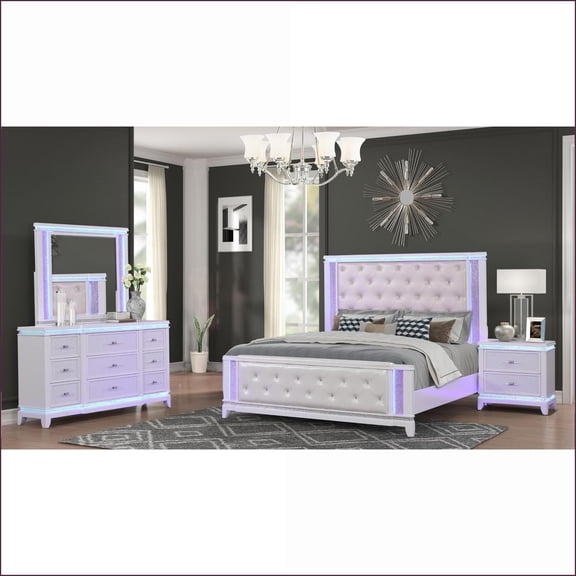 Bedroom Set King 4-Piece Opium-Inspired with LED Lights Off-White | Wood | Double Dressers